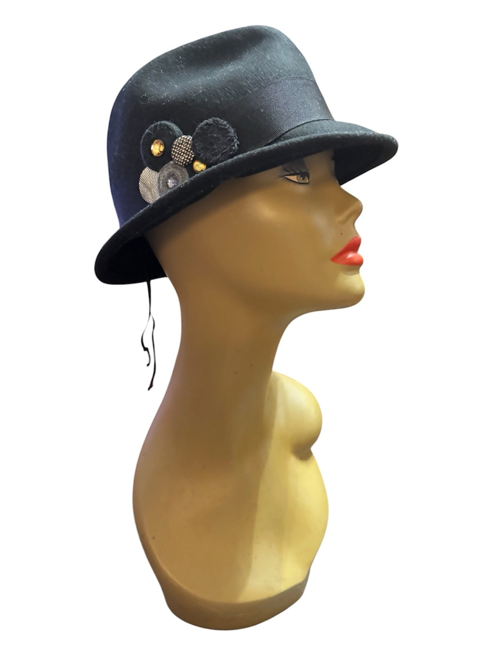 Scala Black Wool Cloche Hat with Button Decorative Accents - Women Accessories